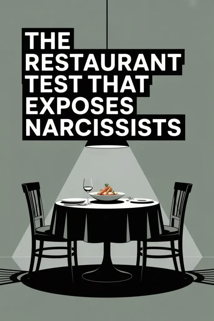 Minimalist dining scene with provocative text exposing narcissists in social and psychological tests.