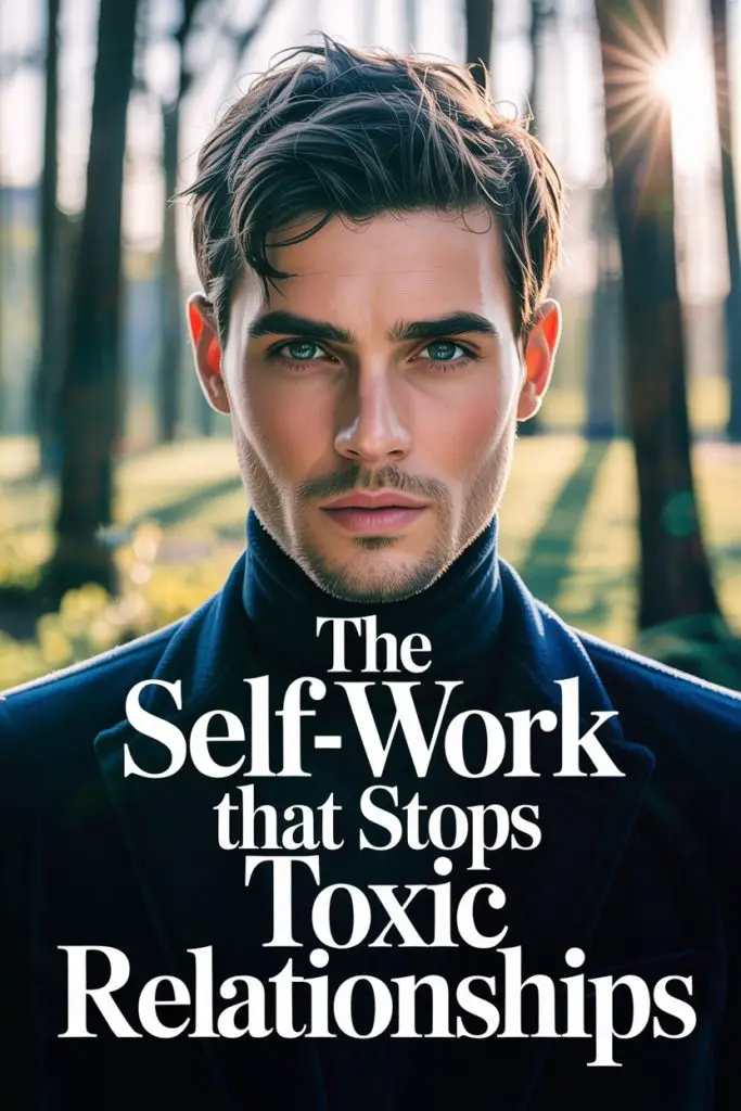 Young man with intense blue eyes promotes self-work for healthy, toxic relationship recovery.