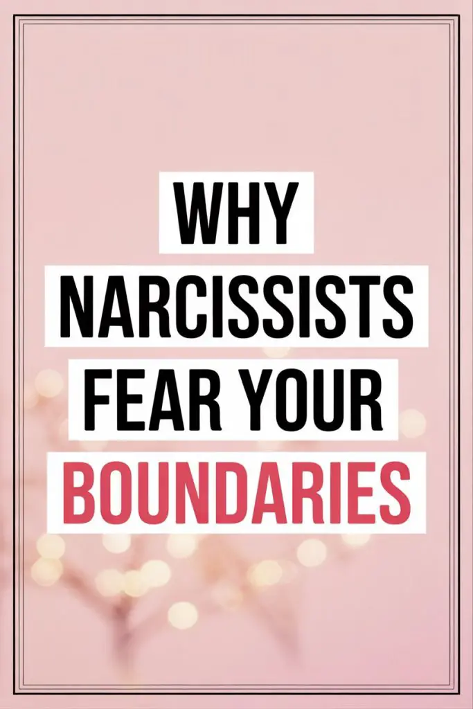 Empowering quote on boundaries and narcissists with pink background and bold text.