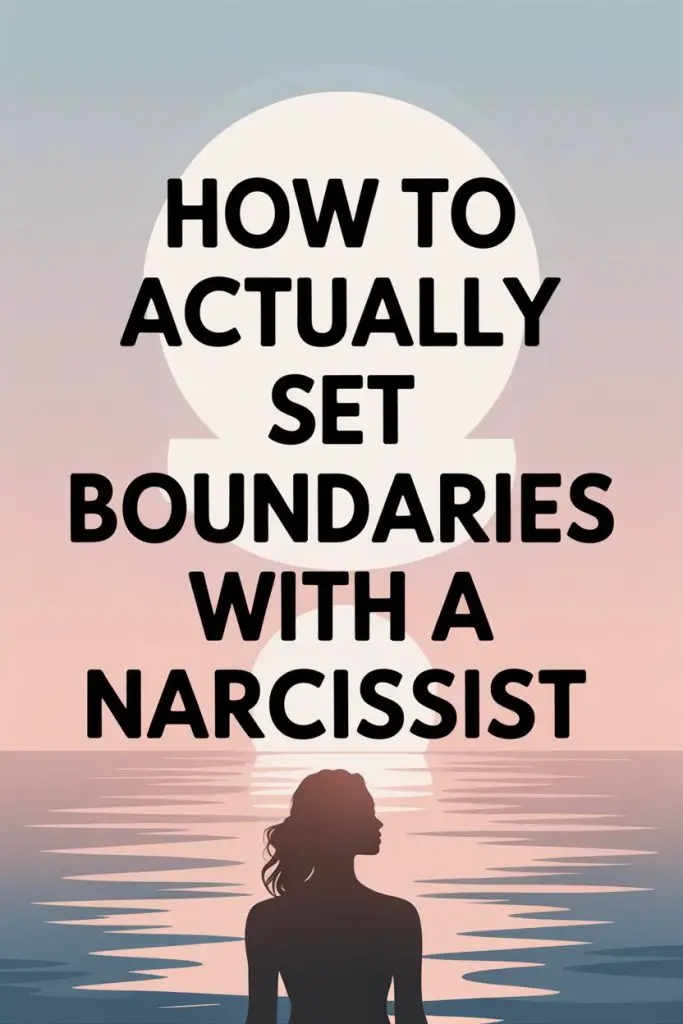 Guide to setting boundaries with a narcissist amid peaceful sunset and moonlit water scene.