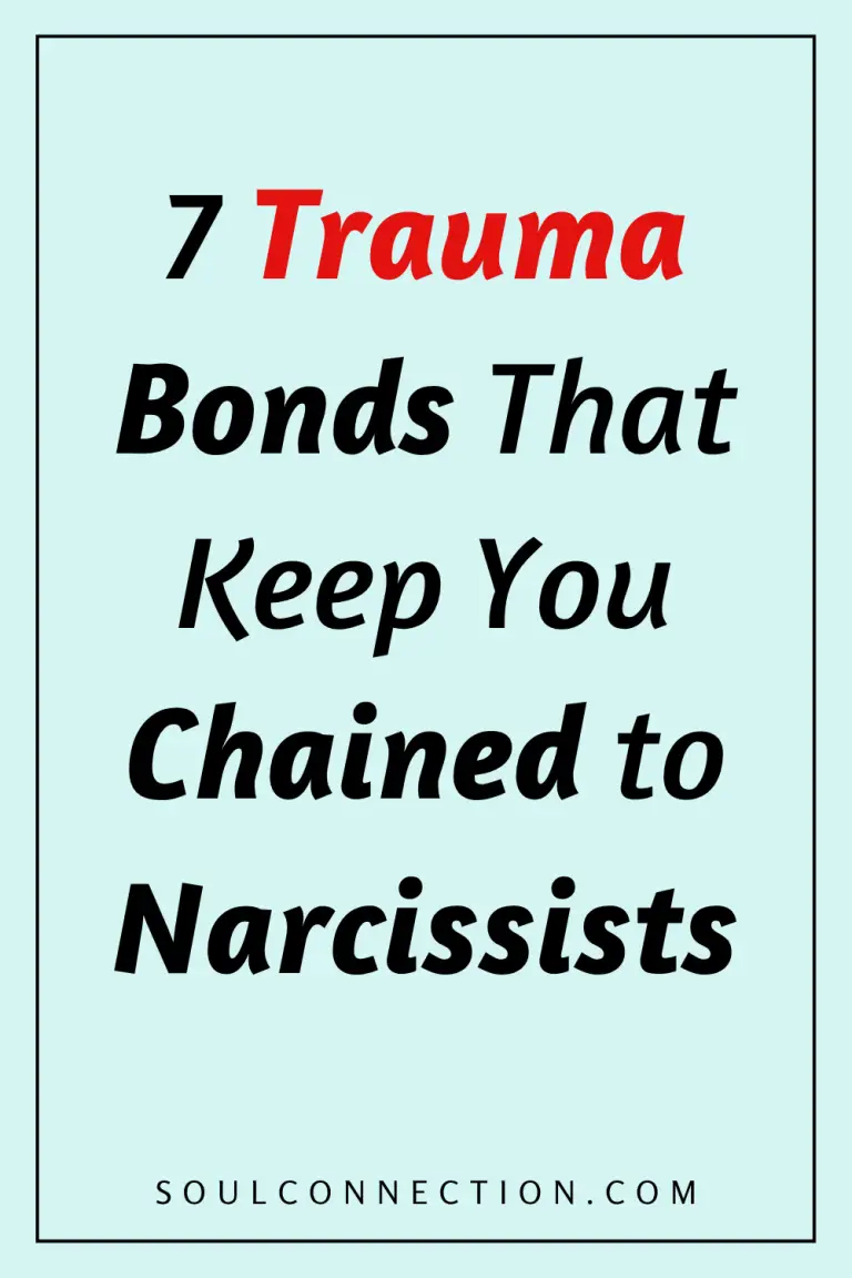 Trauma bonds and narcissist relationships infographic with healing tips and website SoulConnection.com.