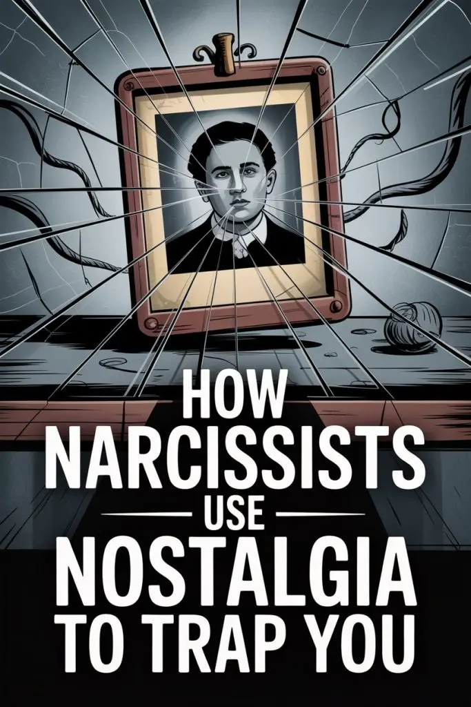 Broken mirror with vintage portrait illustrating narcissists using nostalgia to trap and manipulate.