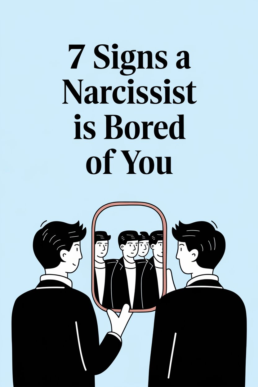 Illustration showing narcissism and boredom in relationships with self-obsessed man reflecting multiple times.