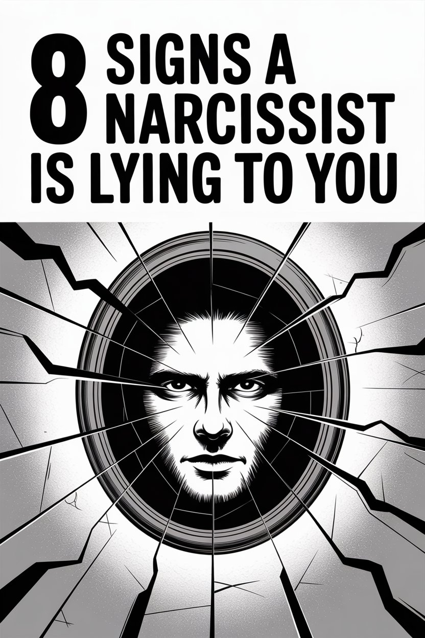 Signs Narcissists Lie: Recognize Deception with Critical Warning Visuals and Fractured Mirror Imagery.