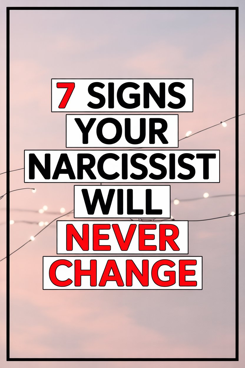 Seven warning signs a narcissist will never change displayed on a calming pastel background.