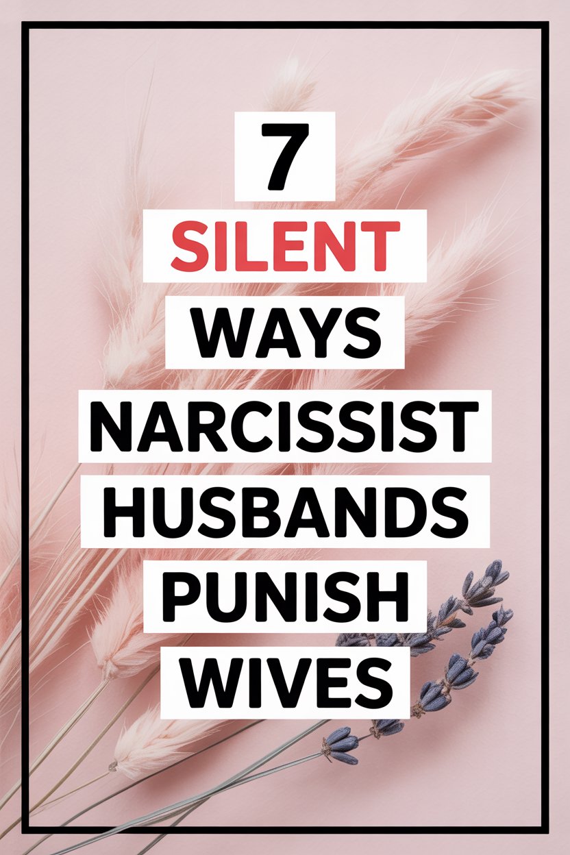 Silent narcissist husband punishes wife with subtle emotional tactics amid calming pastel background.