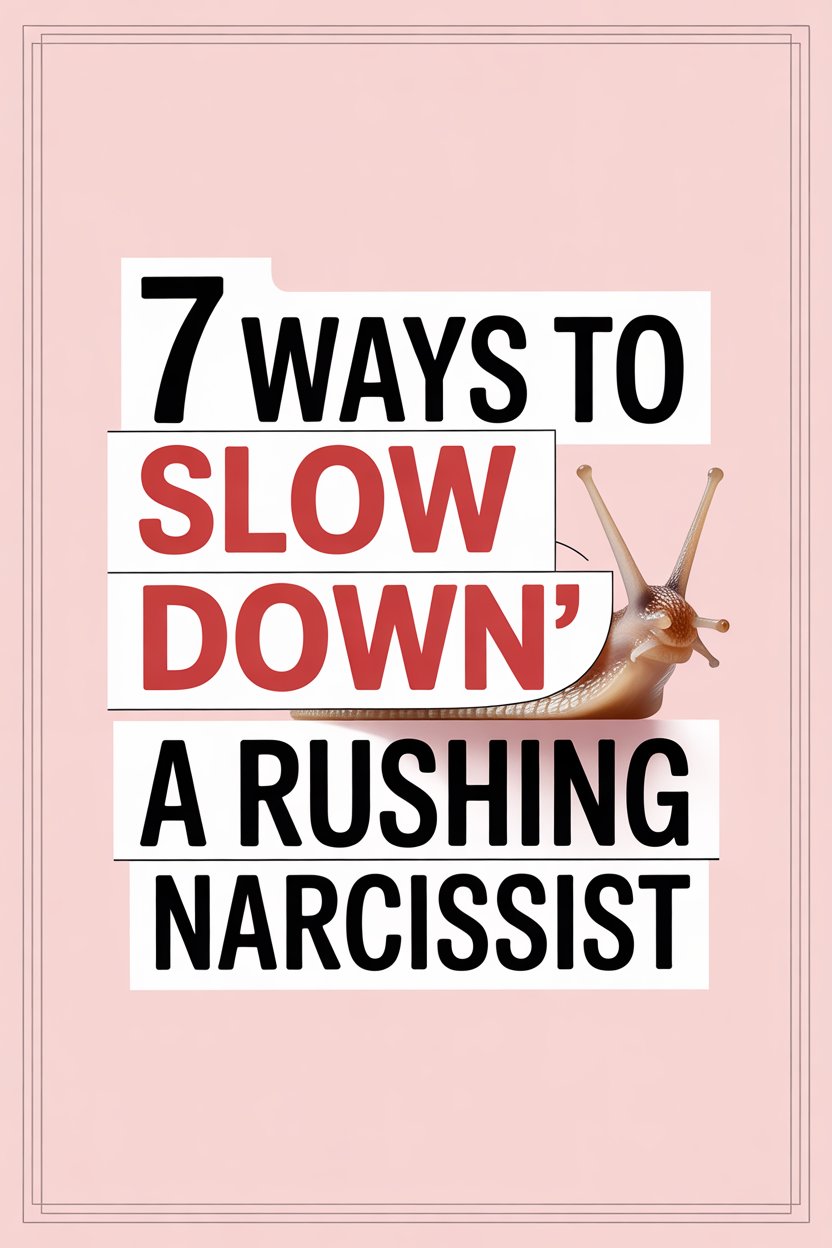 Guide on calming narcissists with tips, featuring a snail illustration symbolizing slowing down.