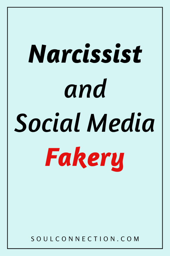 Social media fakery warning poster highlighting narcissism and online deception with a bold red warning.