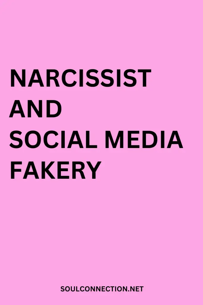 Pink background with bold black text about social media fakery and narcissism.