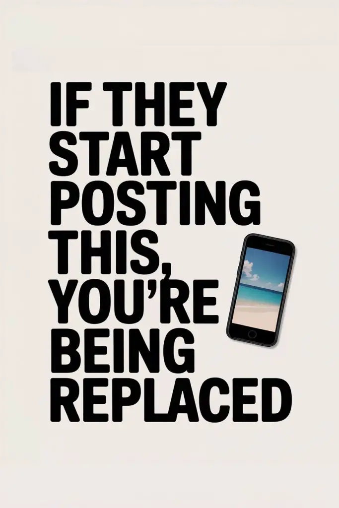 Humorous social media warning about being replaced if everyone starts sharing scenic beach photos.