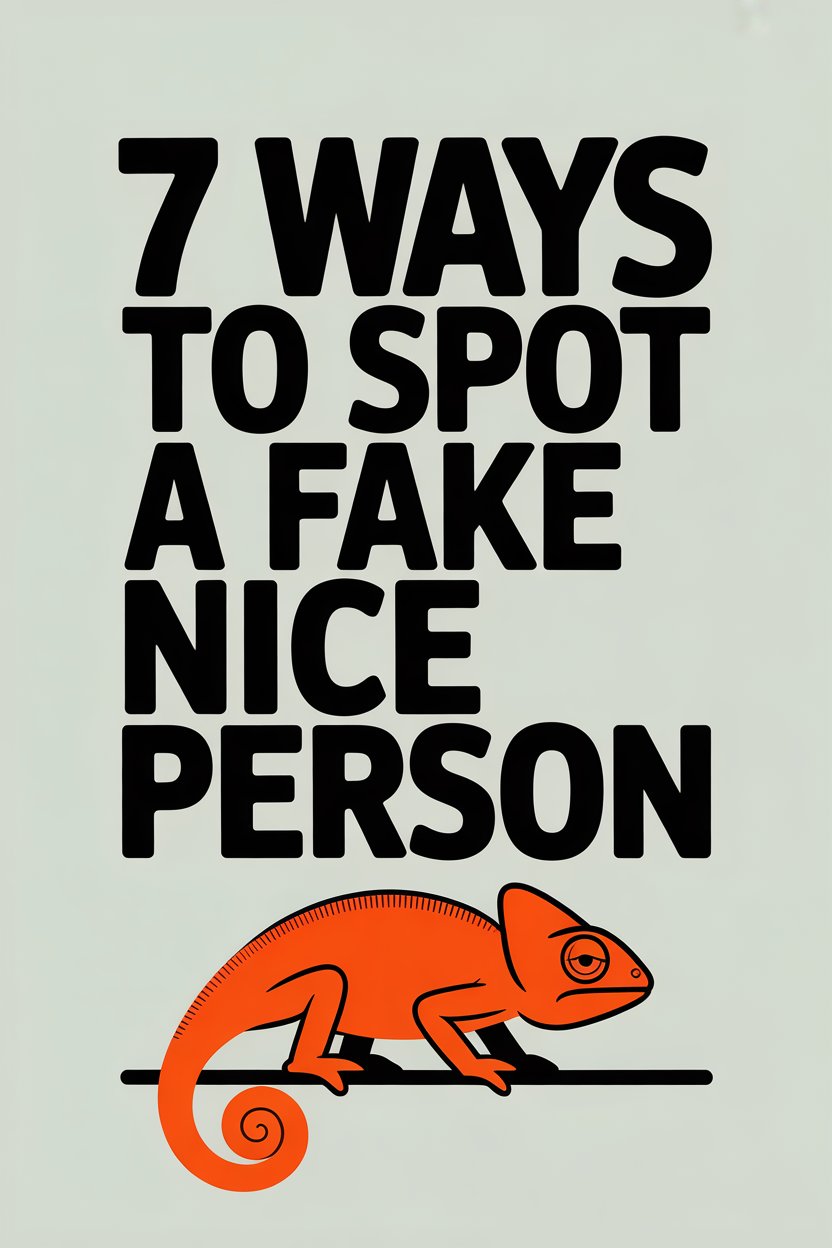 Text about 7 ways to spot a fake nice person with a chameleon illustration.