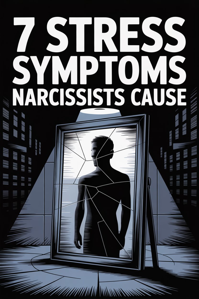 Visual of narcissist-induced stress symptoms and a cracked mirror symbolizing emotional damage.