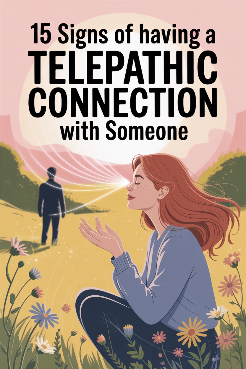 Illustration of telepathic connection between a meditating woman and a walking man at sunrise.