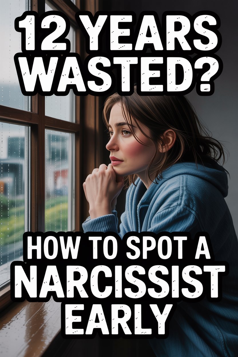 Contemplative woman by rainy window with warning about spotting narcissists early.