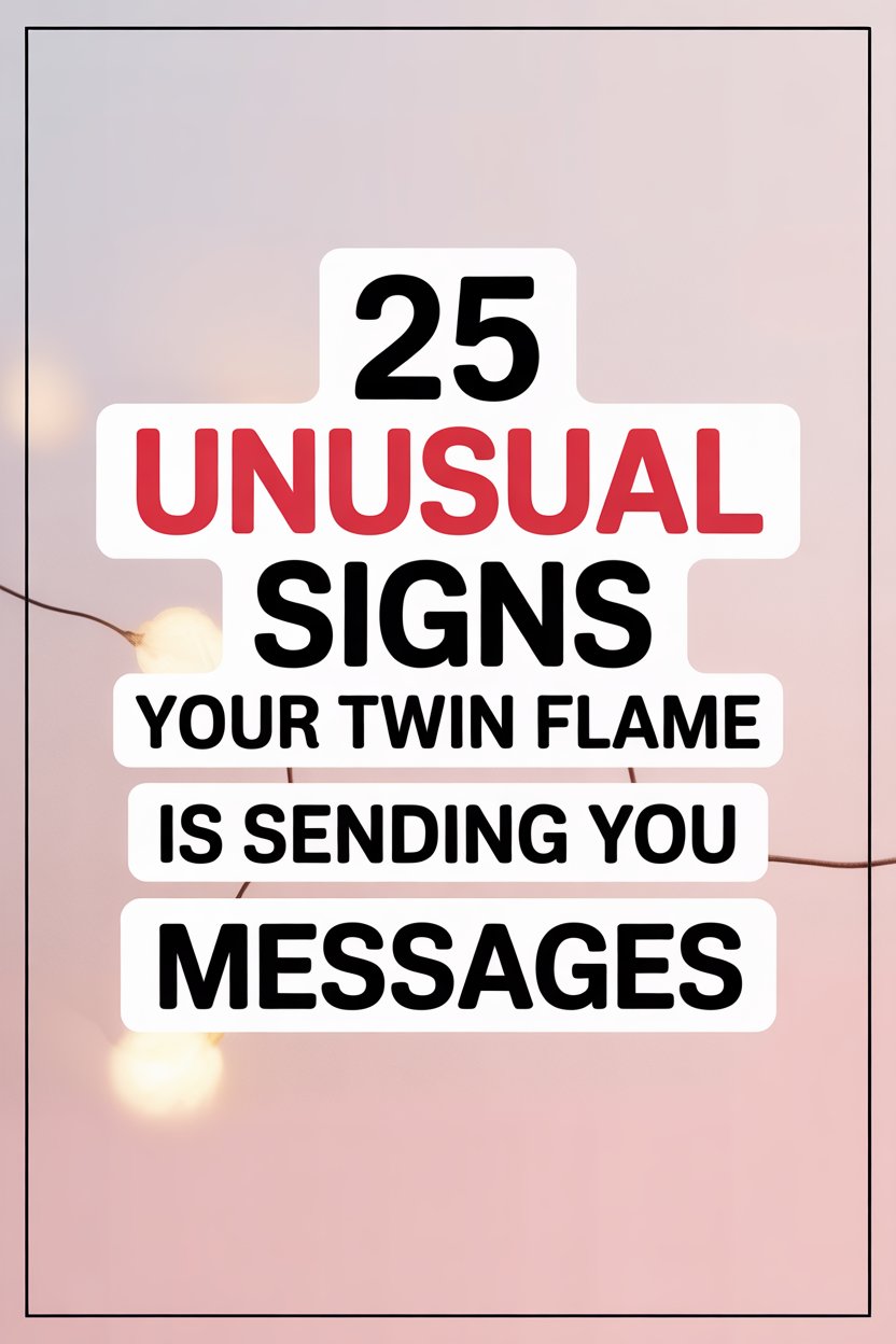 Twenty-five signs your twin flame is sending messages, with a pink background and string lights.