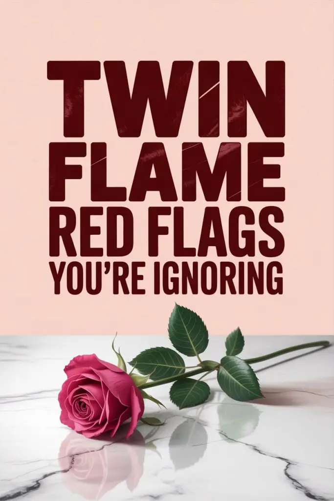 Twin Flame Red Flags Warning with Pink Rose on Marble Surface.