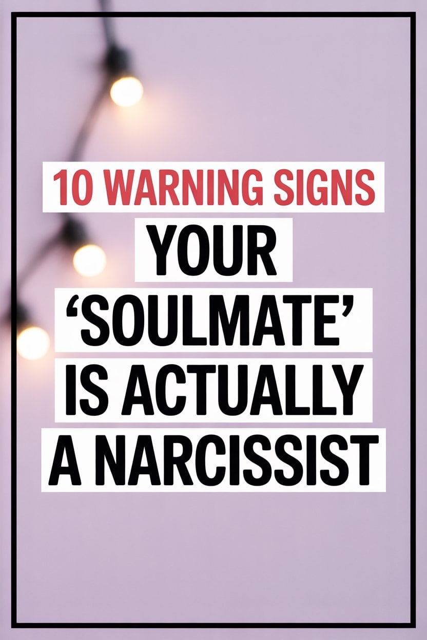 Warning Signs Your Soulmate May Be a Narcissist with Fairy Lights and Bold Text.