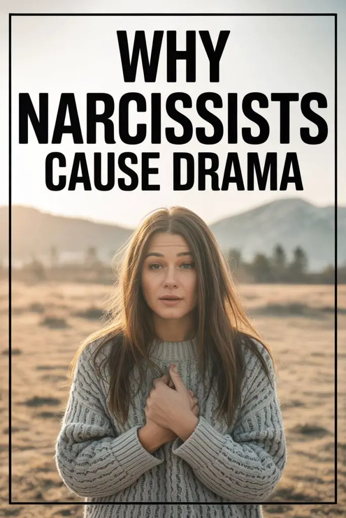 Young woman outdoors showing emotional distress, with text about why narcissists cause relationship drama.