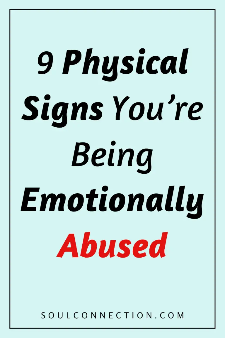 Nine physical signs of emotional abuse warning messages on a blue background.