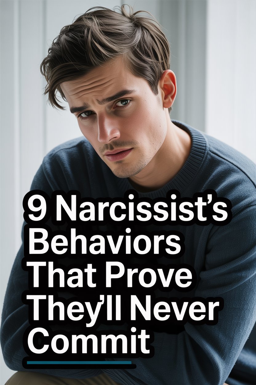 Young man with curious expression and bold text on narcissist behaviors and commitment.