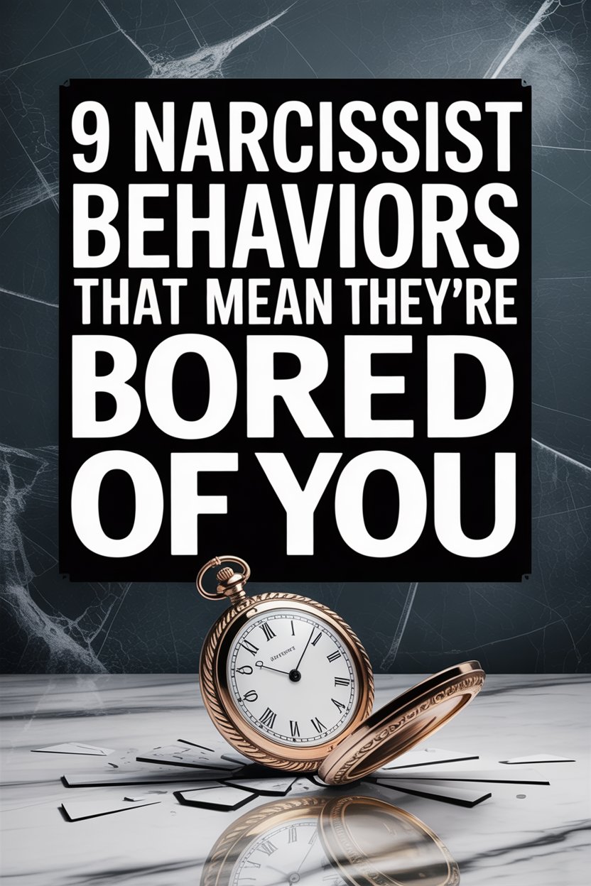 Warning signs of narcissists bored in relationships, featuring a broken watch and emotional tension.