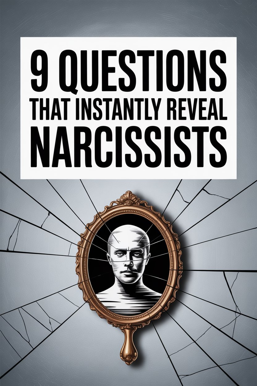 Questions to identify narcissists using a vintage mirror and cracked background.