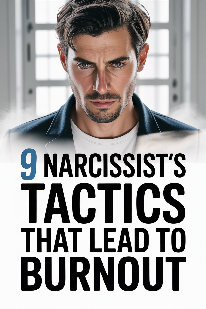 Young man with intense eyes warns about narcissist tactics leading to burnout.