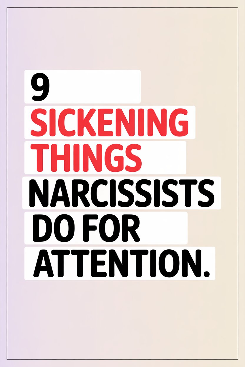 Nine narcissist attention-seeking behaviors highlighted in bold red and black text on gradient background.