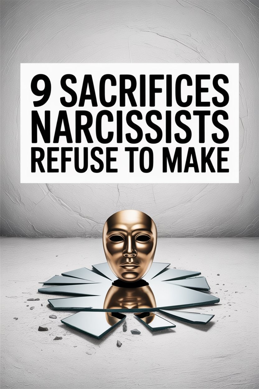 Narcissists refuse to make sacrifices, shown by broken mirror, expressionless mask, and shattered identity.